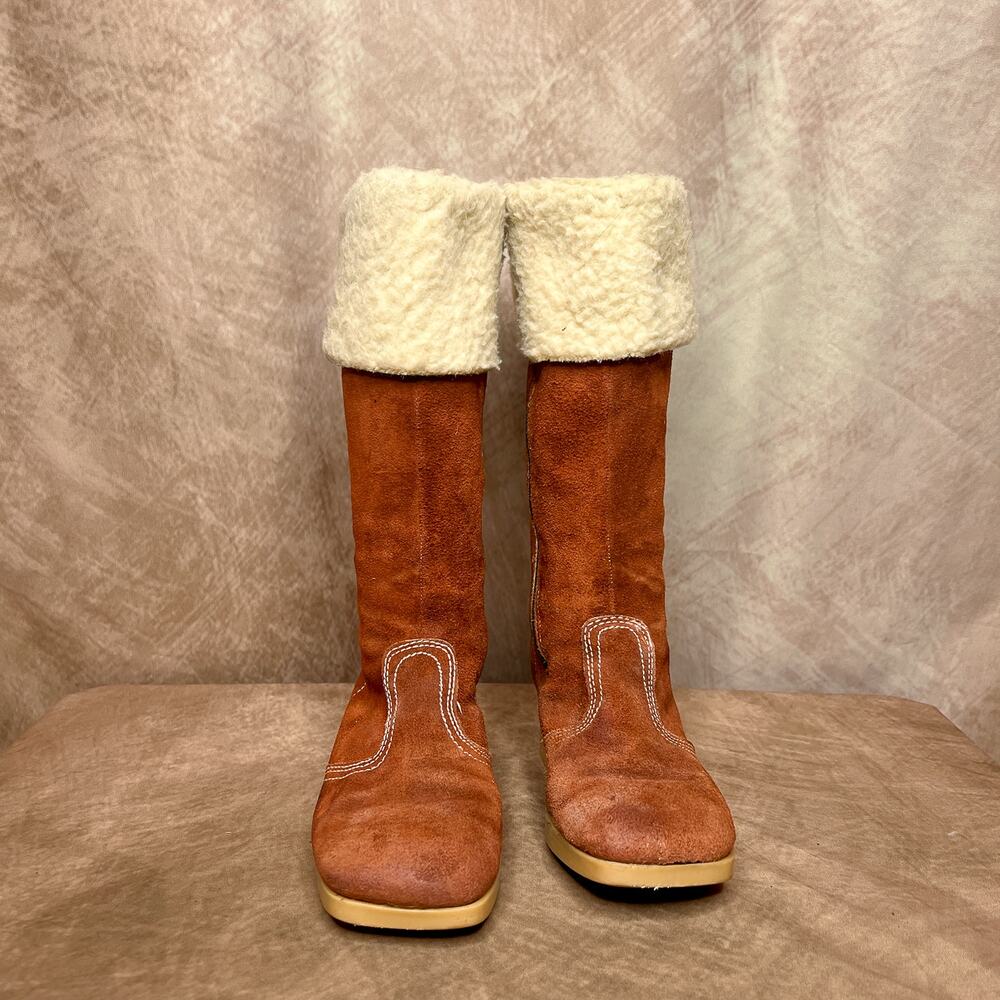 Vintage 60s Suede Leather Sherpa Lined Boots Calf High Lug Sole Tread Women's 4M - Picture 3 of 10